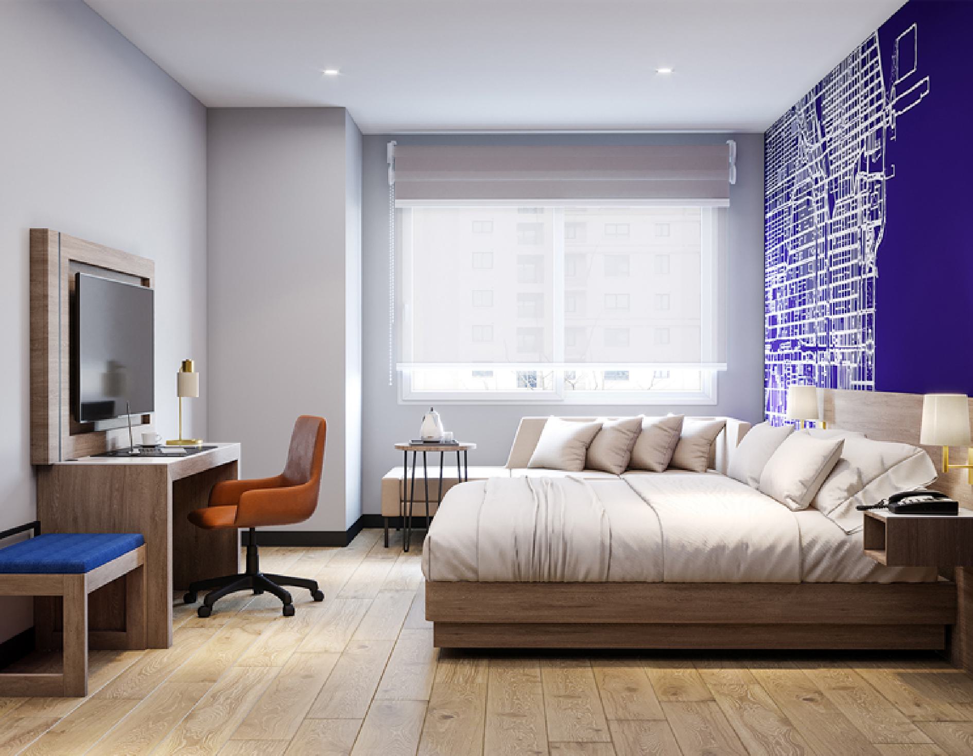 Guest room desk and TV wall panel with task chair