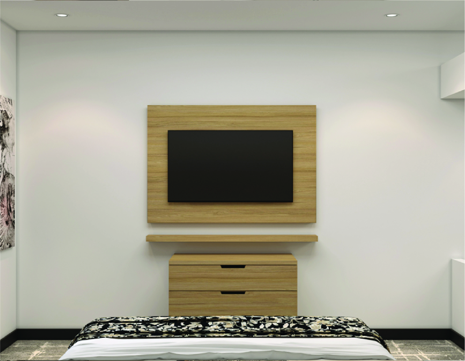 Guest room TV wall panel above dresser with convenience shelf