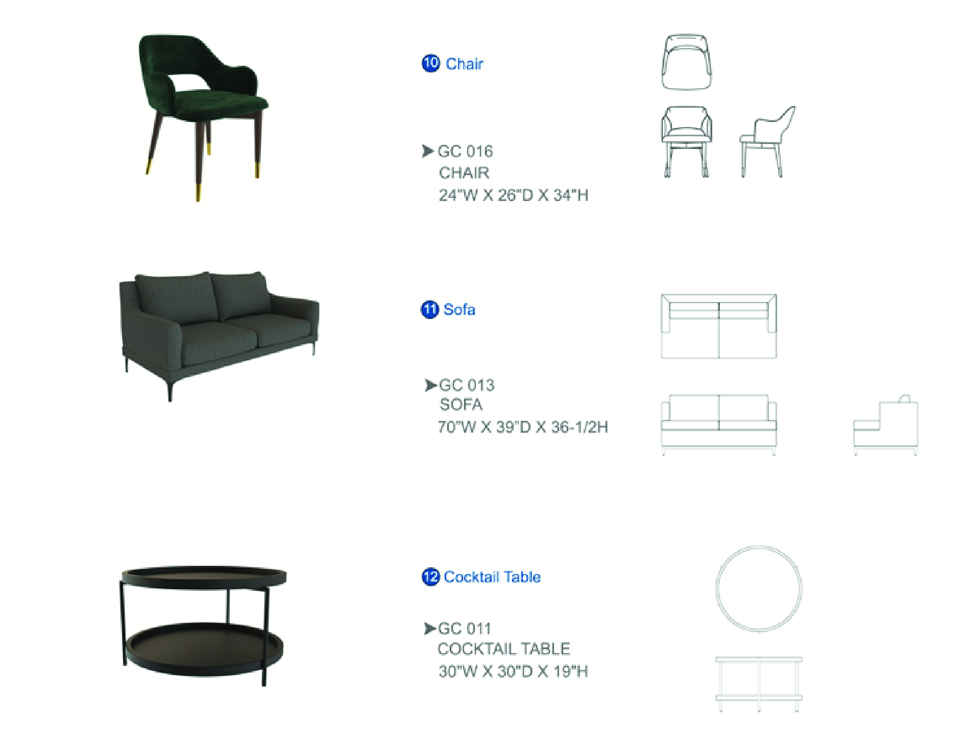 Furniture spec sheet: chair, sofa and cocktail table