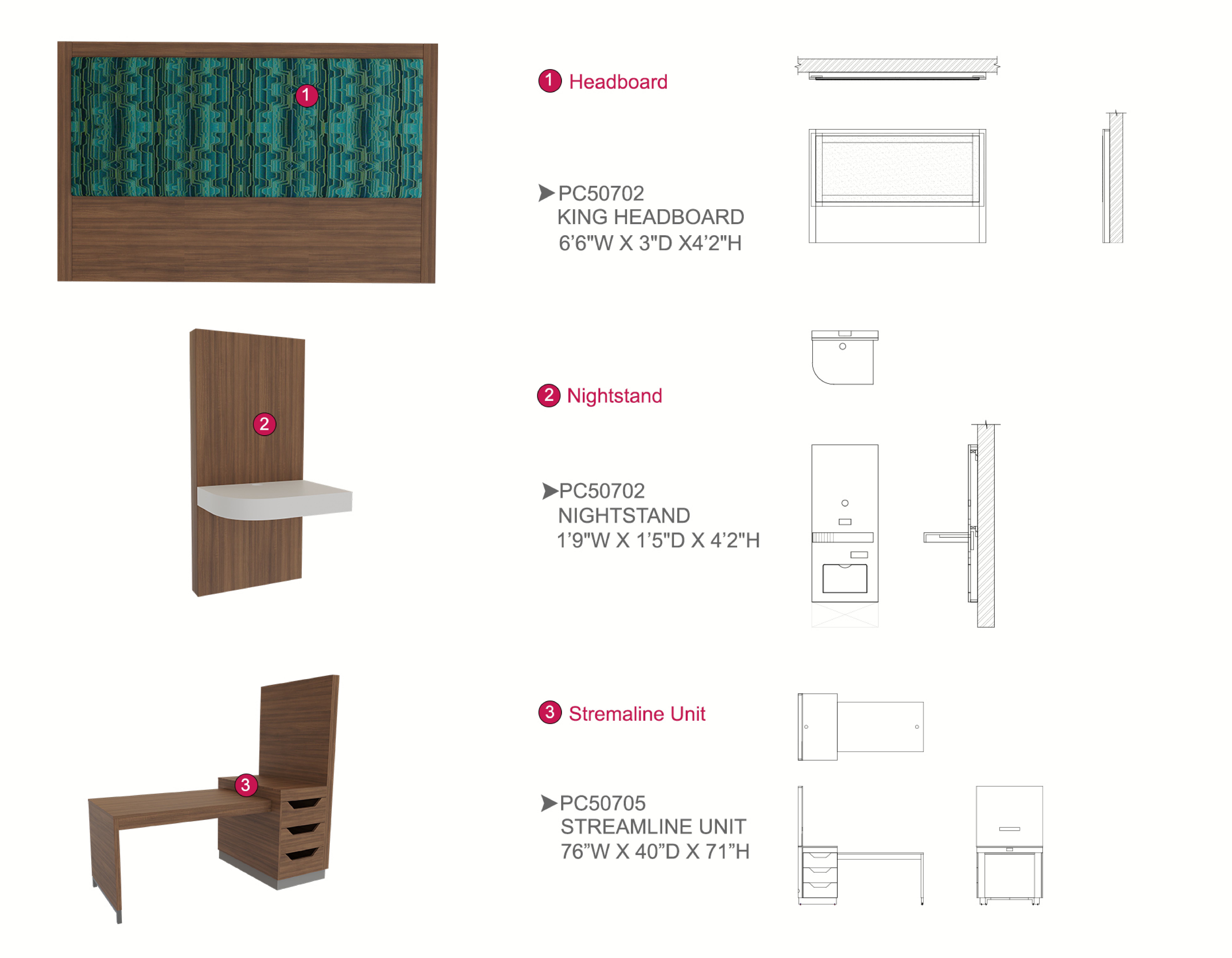 Furniture spec sheet: headboard, nightstand and TV unit