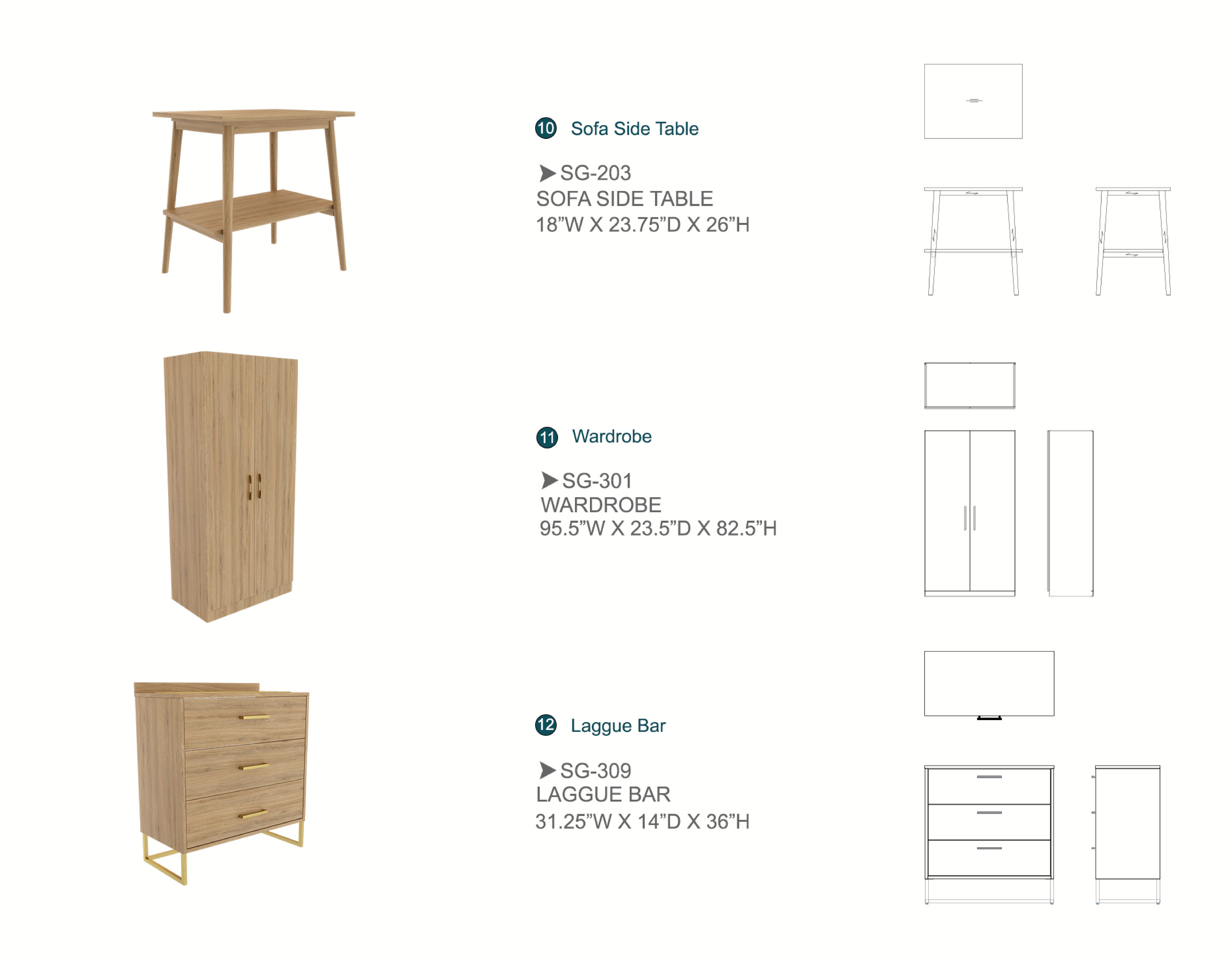 Furniture spec sheet: sofa side table, wardrobe and luggage bar